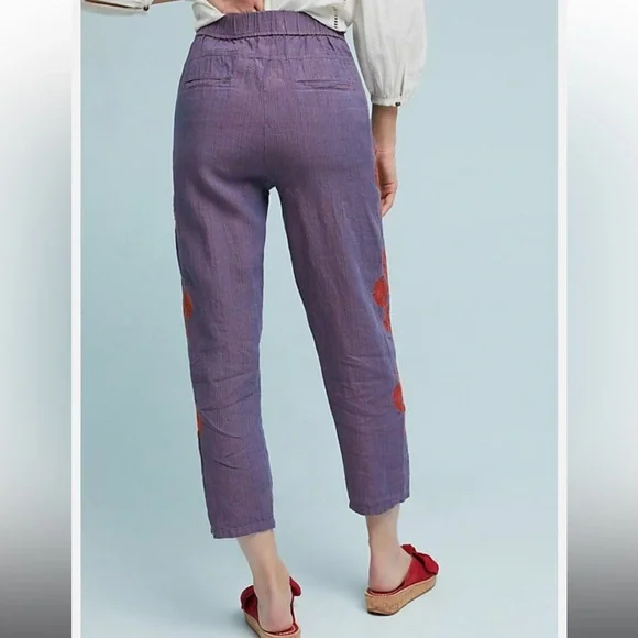 Anthropologie Purple Cropped Embroidered Linen Pants - Picture 2 of 10